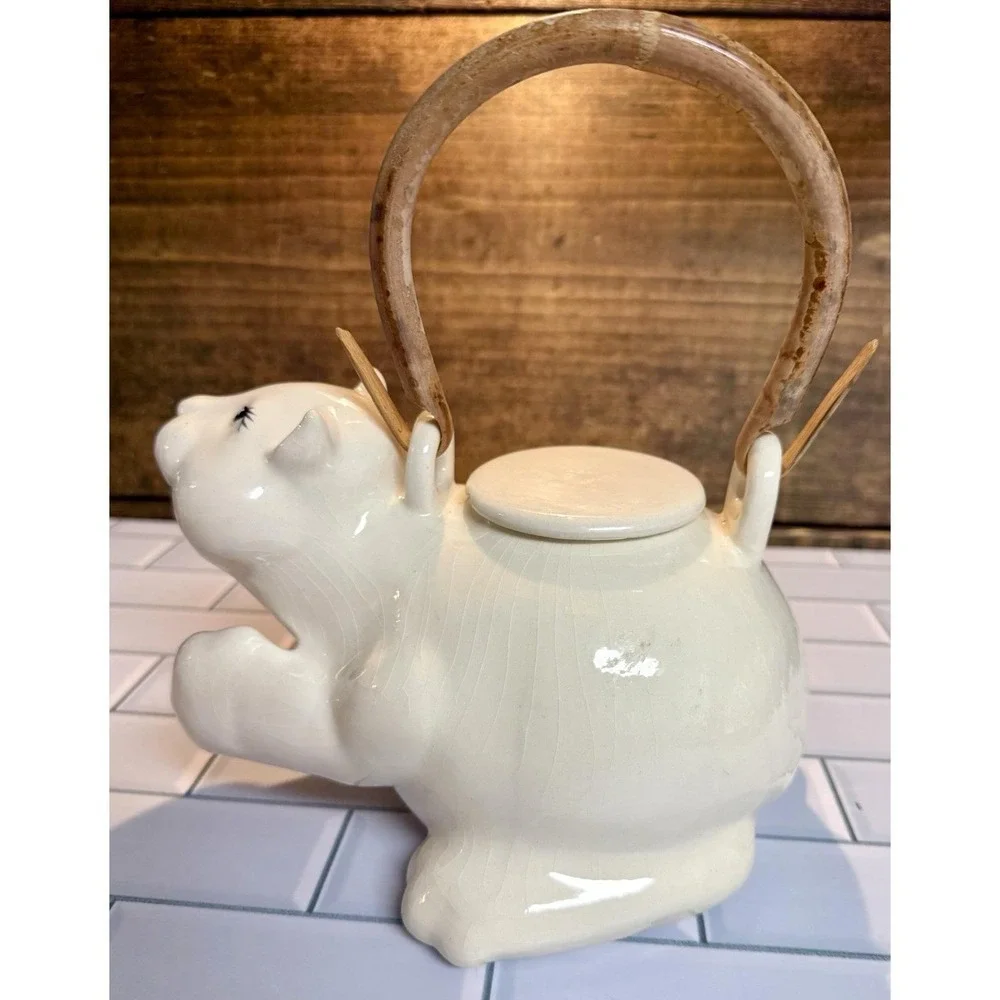 Vintage Cat Ceramic Teapot w/ Bamboo Handle Signed‎ Fumi — Crazing, Chip on Lid